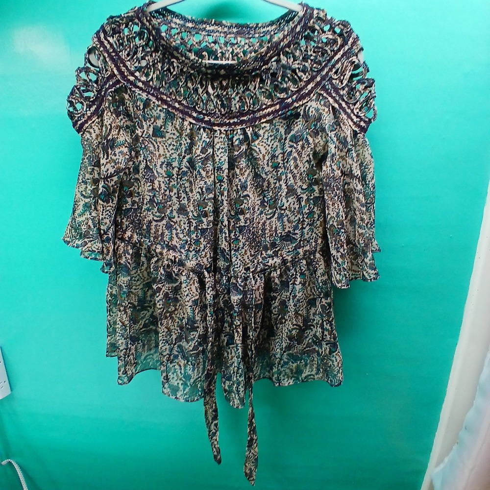 Love 21 Floral Paisley Peplum Top Small Teal Boho Crochet Cold Shoulder Blouse
